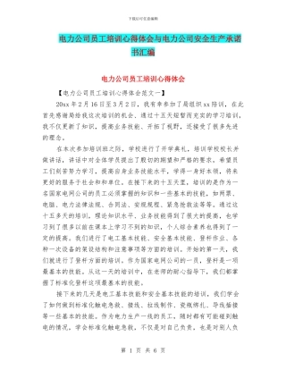 电力公司员工培训心得体会与电力公司安全生产承诺书汇编