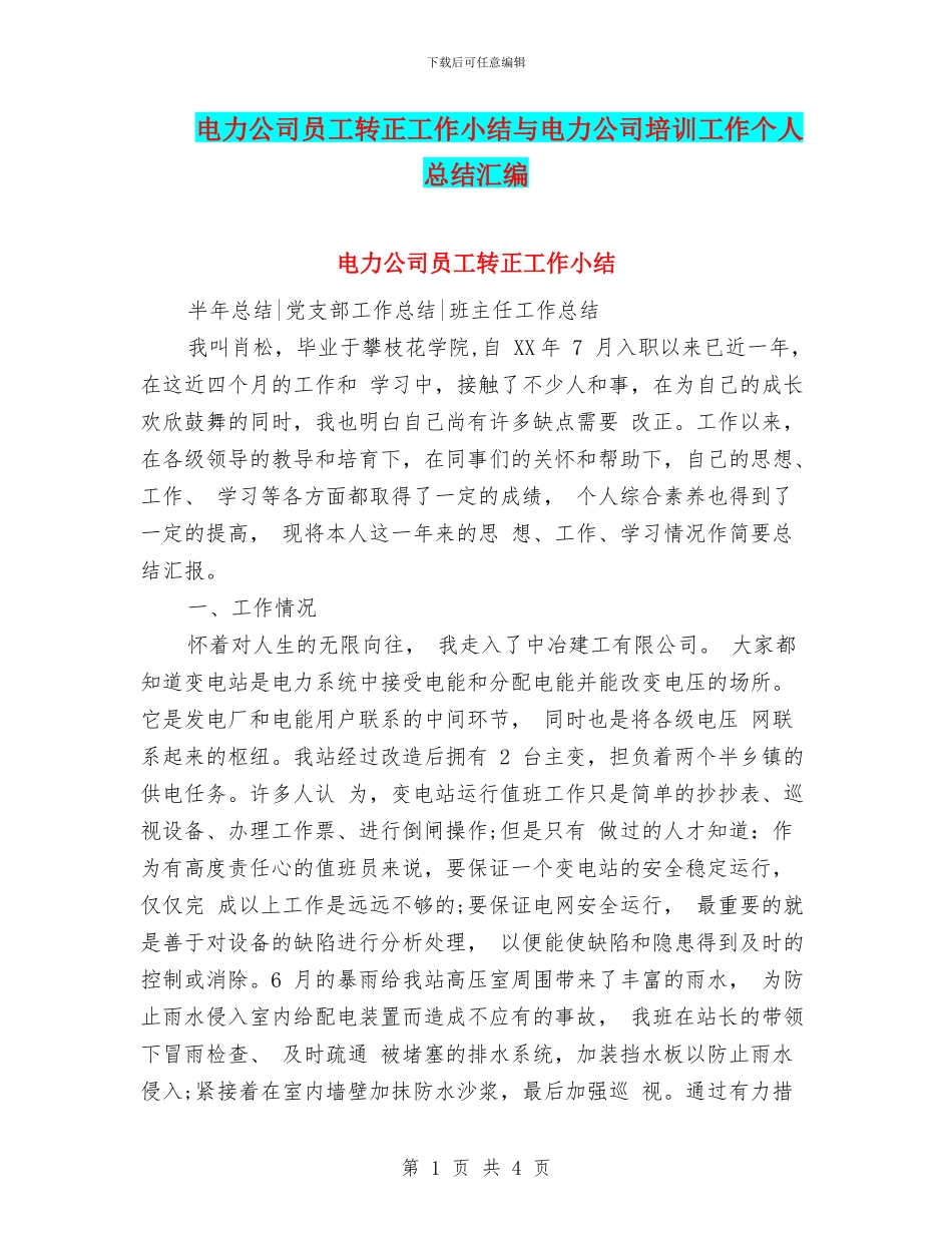 电力公司员工转正工作小结与电力公司培训工作个人总结汇编_第1页