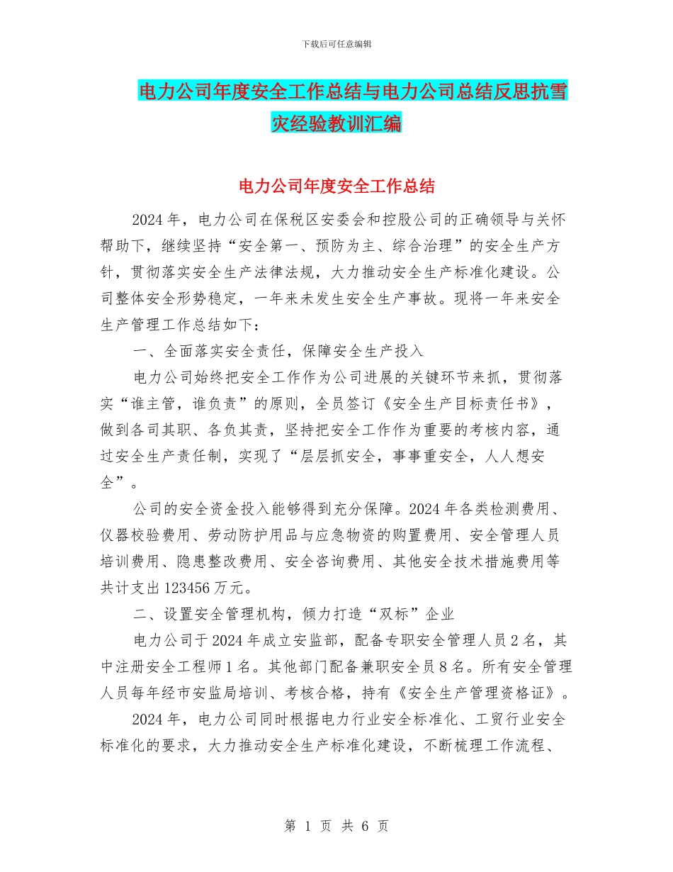 电力公司年度安全工作总结与电力公司总结反思抗雪灾经验教训汇编_第1页