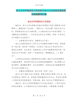电力公司年度安全工作总结与电力公司总结反思抗雪灾经验教训汇编