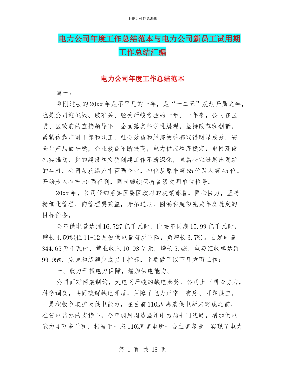 电力公司年度工作总结范本与电力公司新员工试用期工作总结汇编_第1页