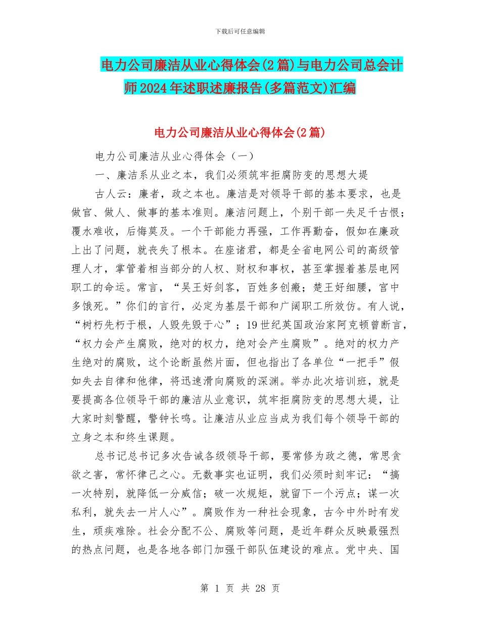 电力公司廉洁从业心得体会与电力公司总会计师2024年述职述廉报告(多篇范文)汇编_第1页