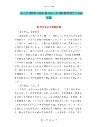 电力公司班长申报材料与电力公司经营管理工作总结汇编