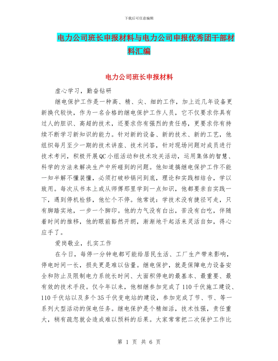 电力公司班长申报材料与电力公司申报优秀团干部材料汇编_第1页