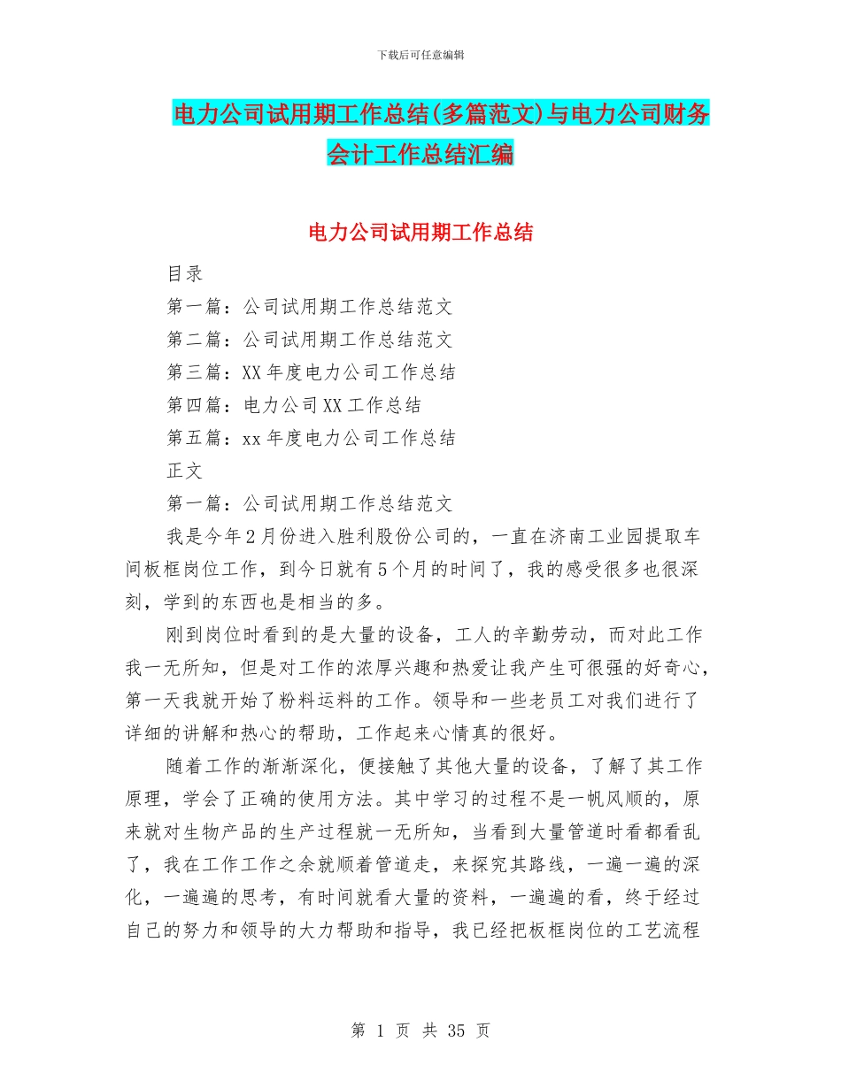 电力公司试用期工作总结与电力公司财务会计工作总结汇编_第1页