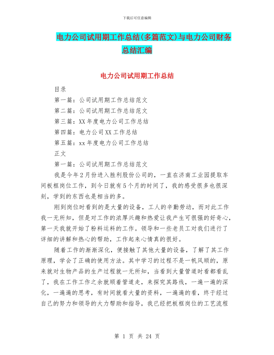 电力公司试用期工作总结与电力公司财务总结汇编_第1页