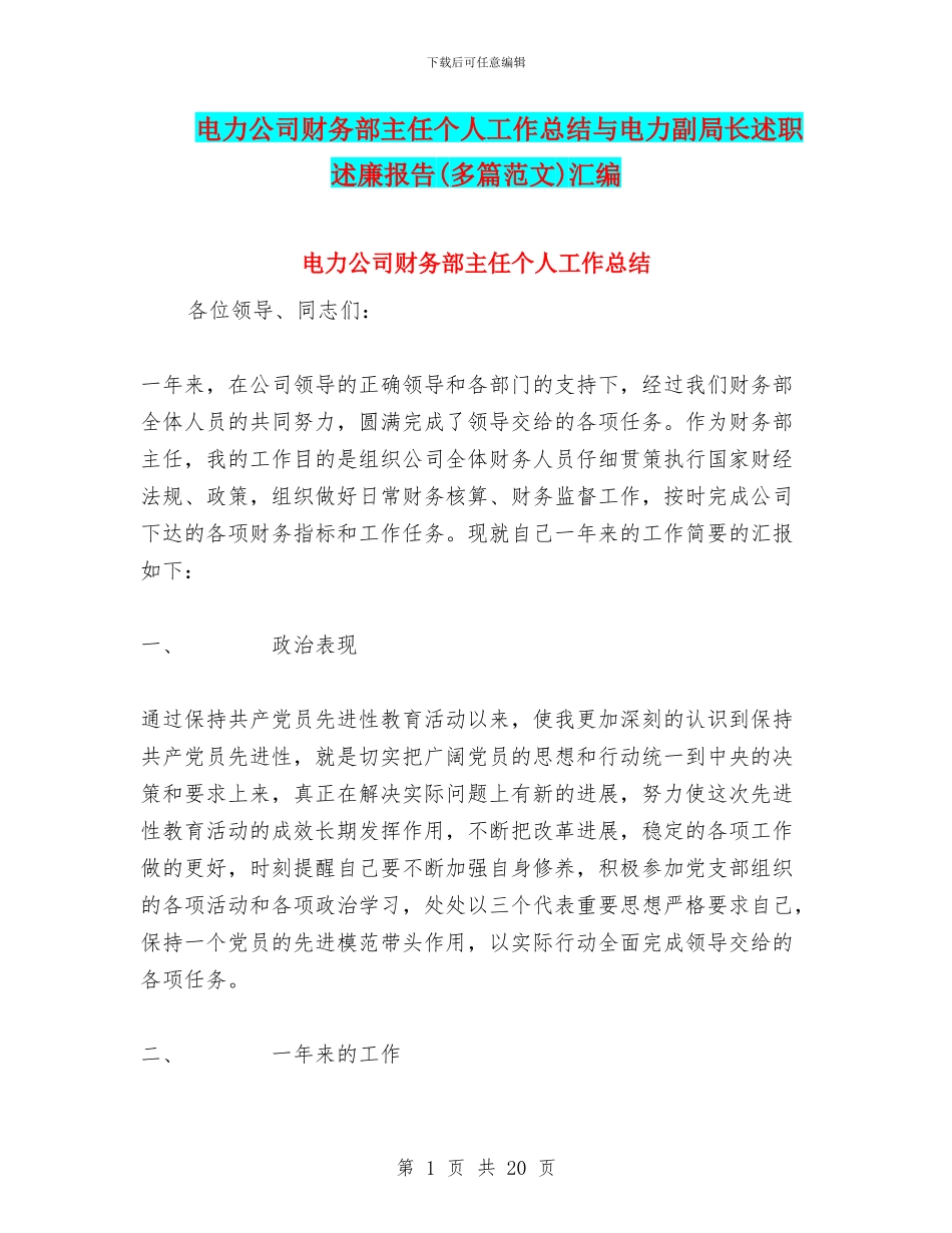电力公司财务部主任个人工作总结与电力副局长述职述廉报告汇编.doc_第1页