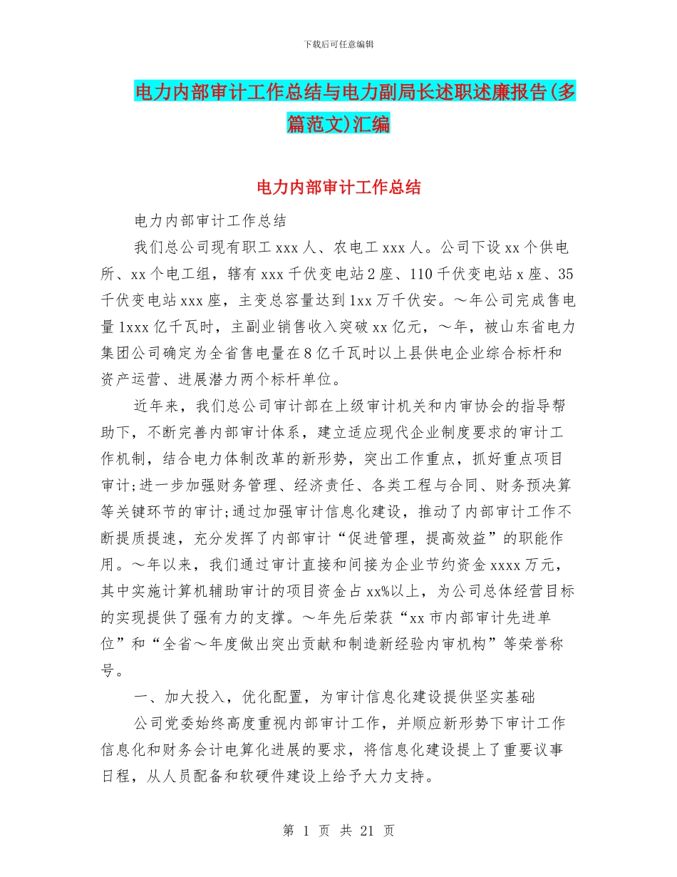 电力内部审计工作总结与电力副局长述职述廉报告(多篇范文)汇编_第1页
