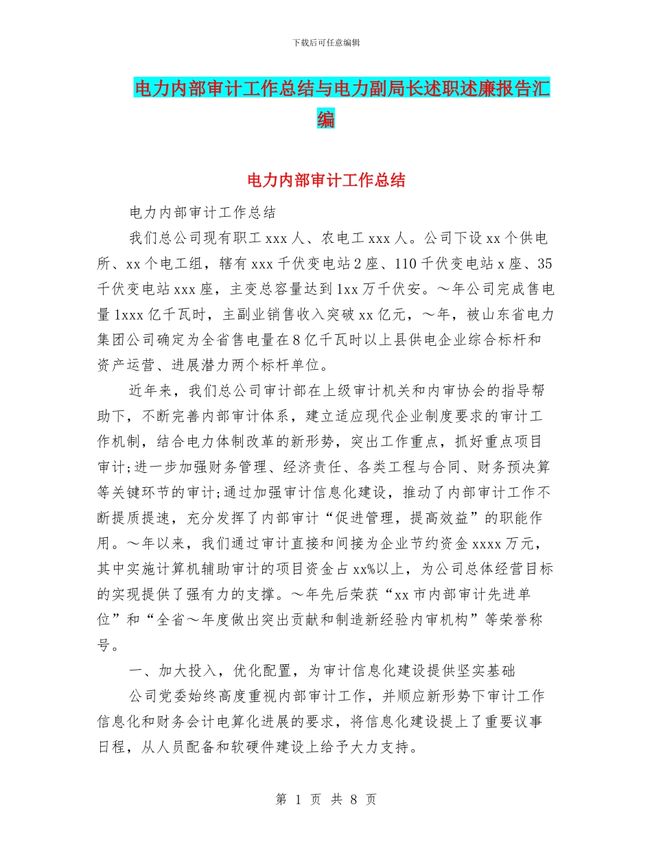电力内部审计工作总结与电力副局长述职述廉报告汇编_第1页