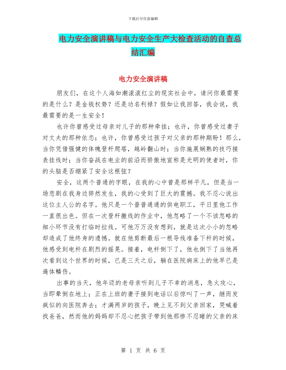 电力安全演讲稿与电力安全生产大检查活动的自查总结汇编_第1页