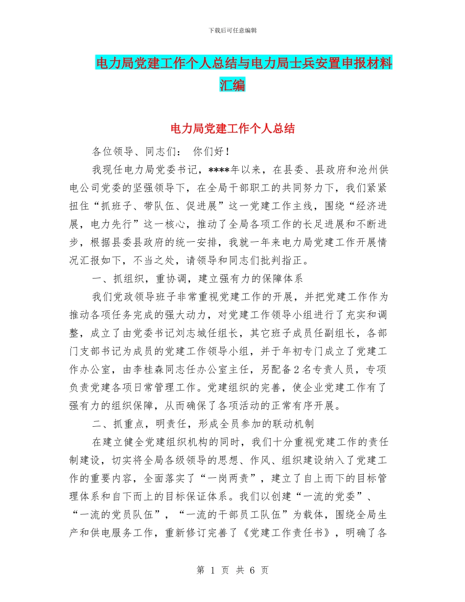 电力局党建工作个人总结与电力局士兵安置申报材料汇编_第1页