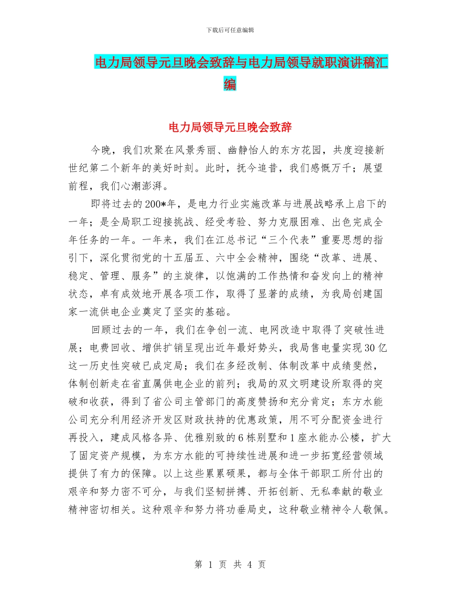 电力局领导元旦晚会致辞与电力局领导就职演讲稿汇编_第1页