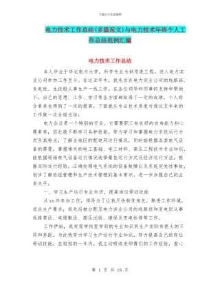 电力技术工作总结与电力技术年终个人工作总结范例汇编
