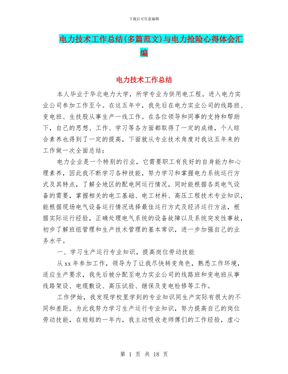 电力技术工作总结与电力抢险心得体会汇编_第1页