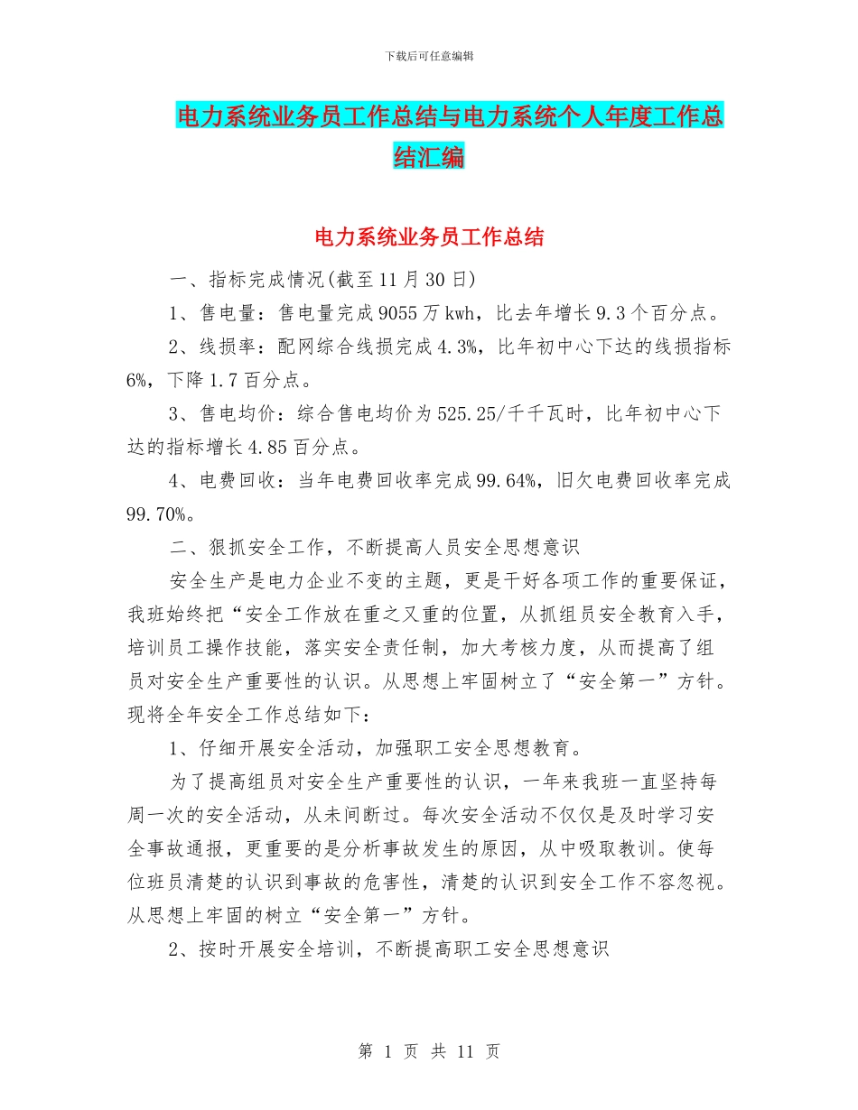 电力系统业务员工作总结与电力系统个人年度工作总结汇编_第1页