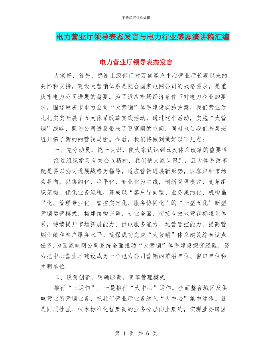 电力营业厅领导表态发言与电力行业感恩演讲稿汇编_第1页