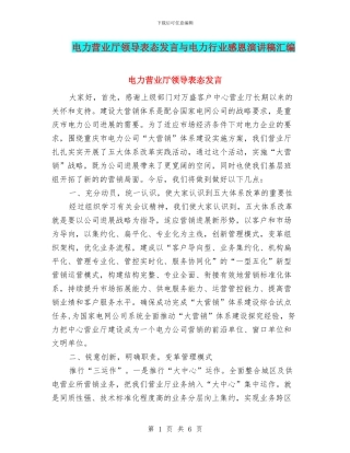 电力营业厅领导表态发言与电力行业感恩演讲稿汇编