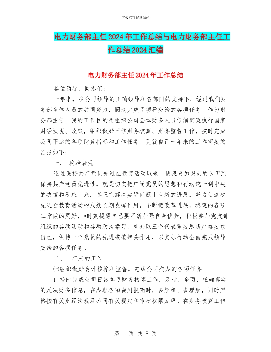 电力财务部主任2024年工作总结与电力财务部主任工作总结2024汇编_第1页