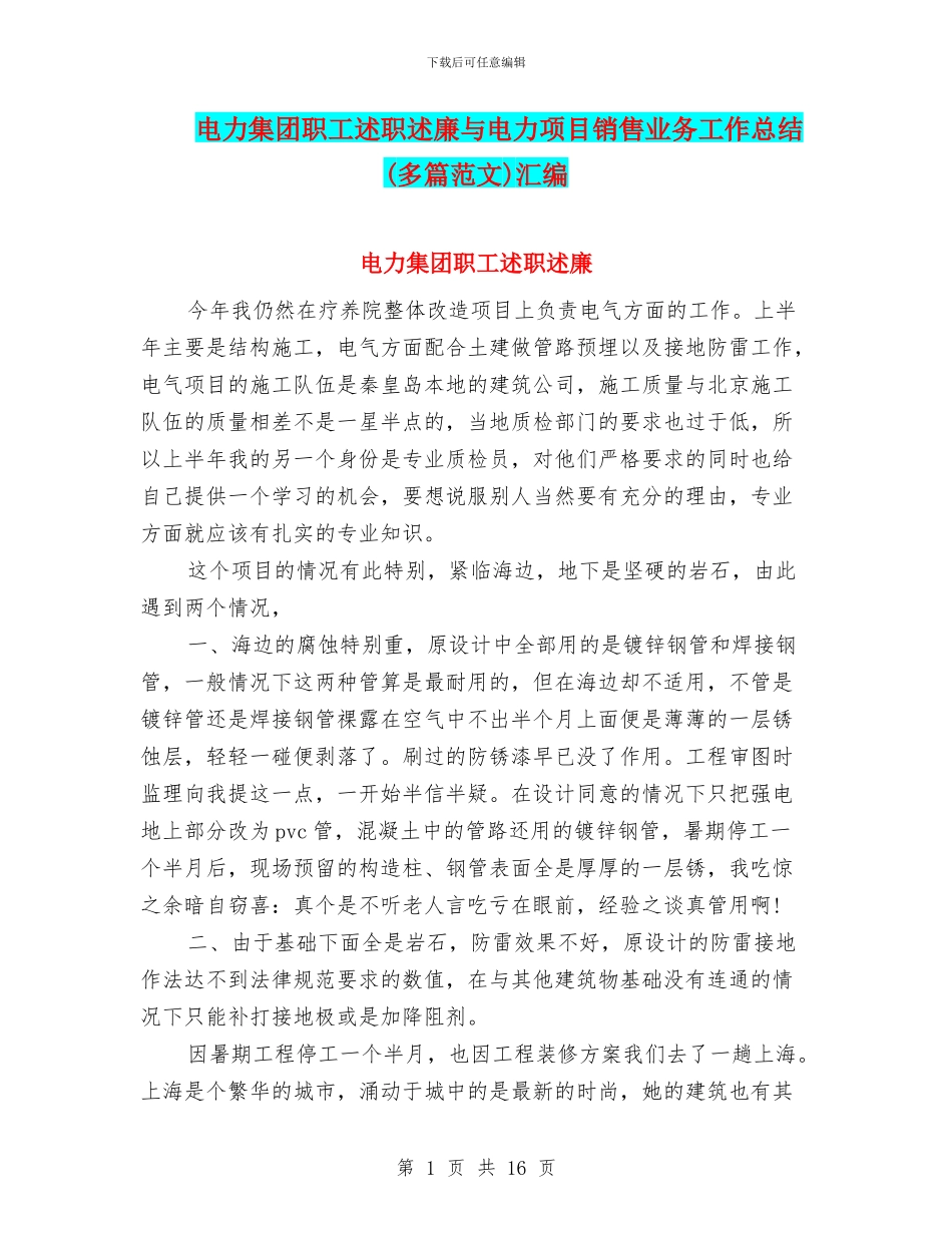 电力集团职工述职述廉与电力项目销售业务工作总结汇编_第1页
