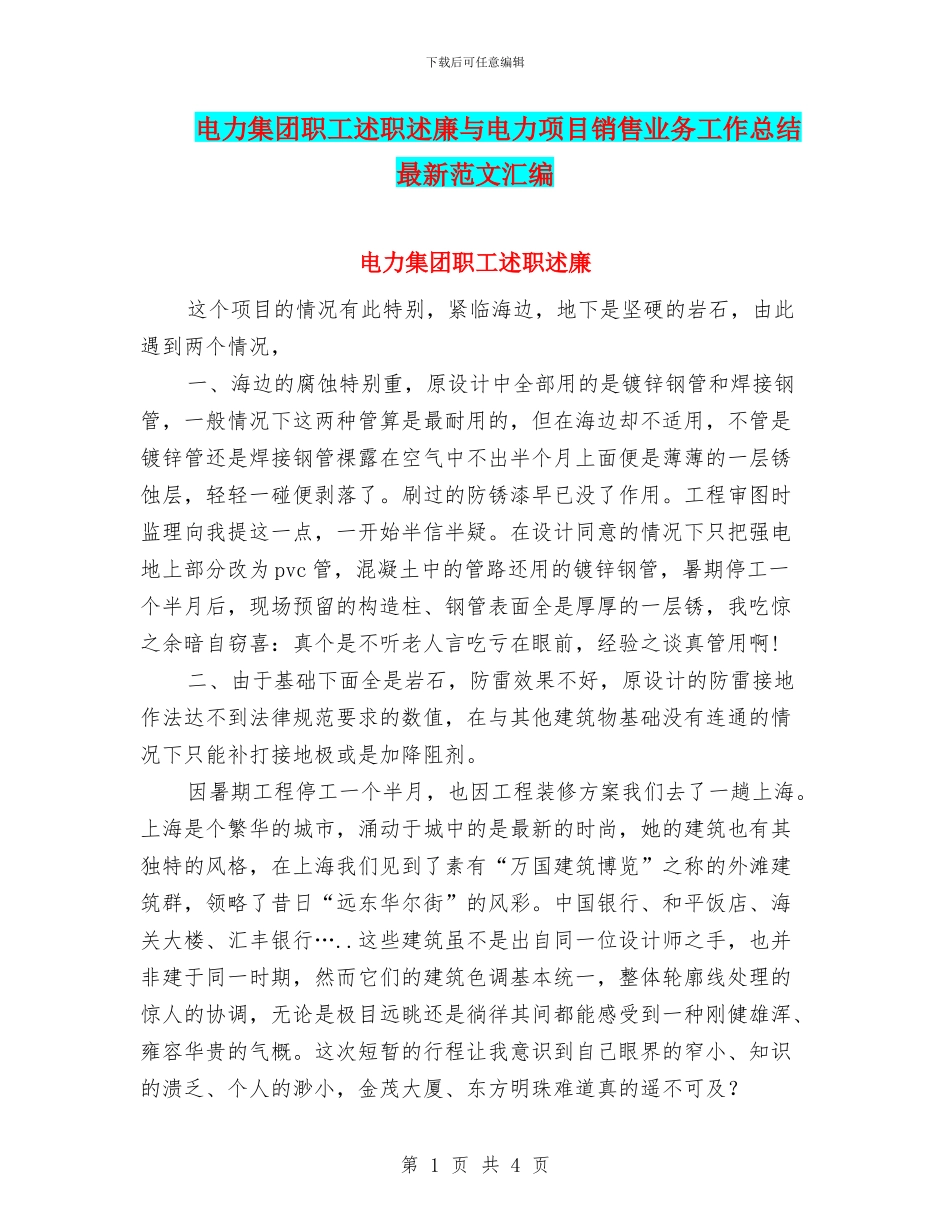 电力集团职工述职述廉与电力项目销售业务工作总结最新范文汇编_第1页
