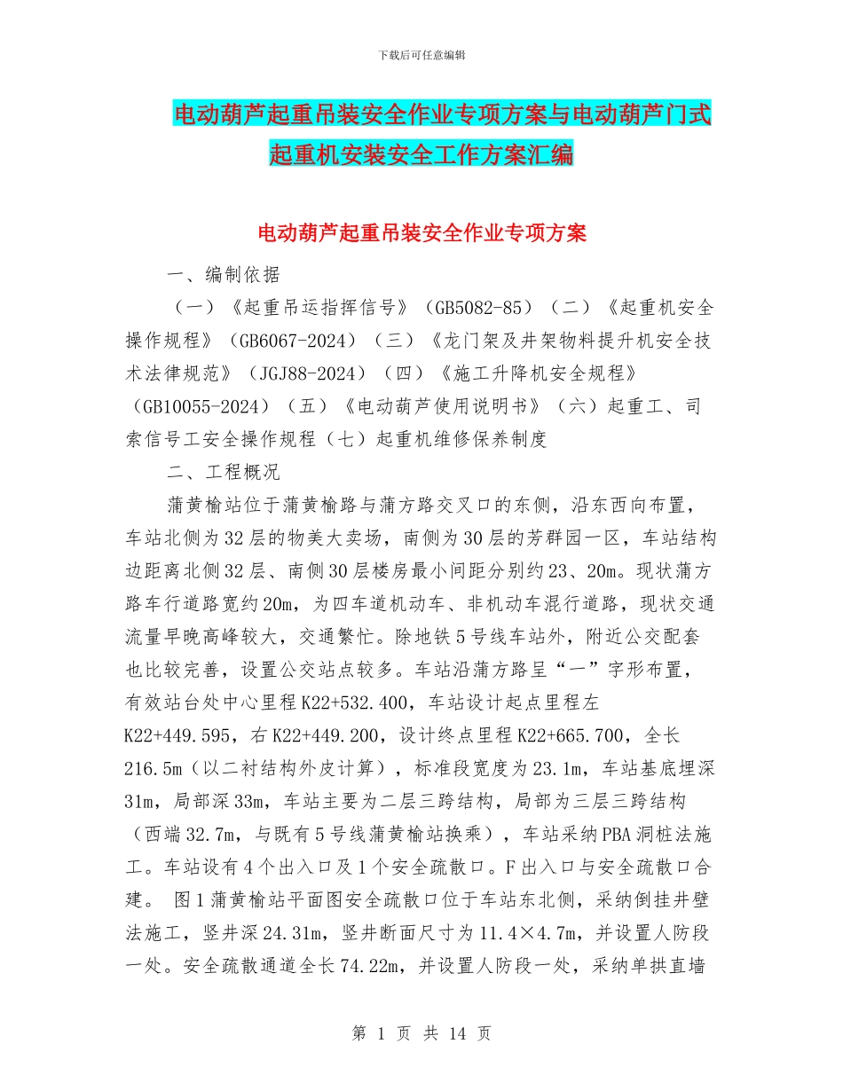 电动葫芦起重吊装安全作业专项方案与电动葫芦门式起重机安装安全工作方案汇编_第1页