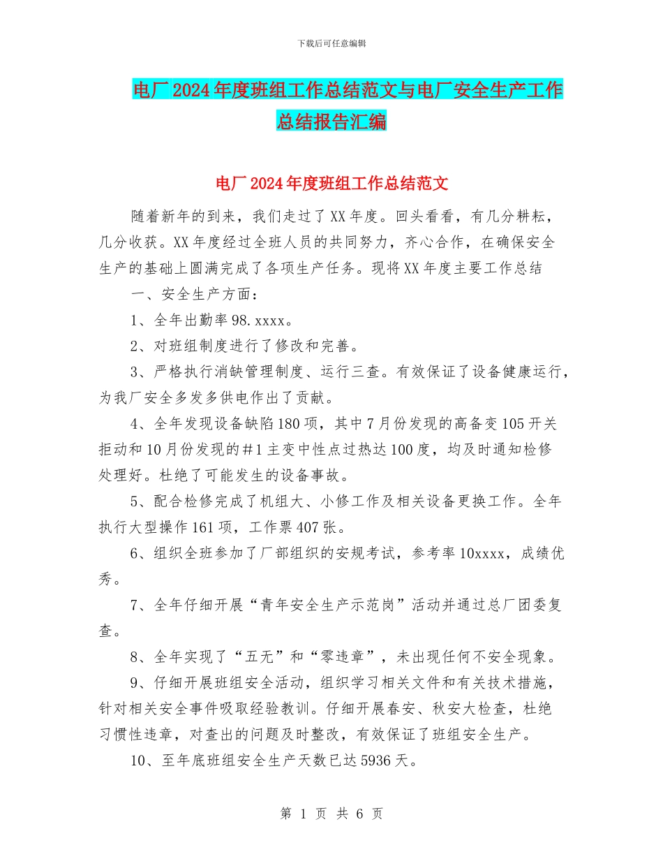 电厂2024年度班组工作总结范文与电厂安全生产工作总结报告汇编_第1页
