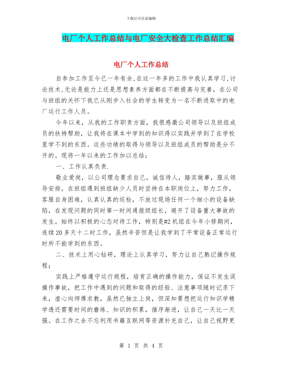 电厂个人工作总结与电厂安全大检查工作总结汇编_第1页