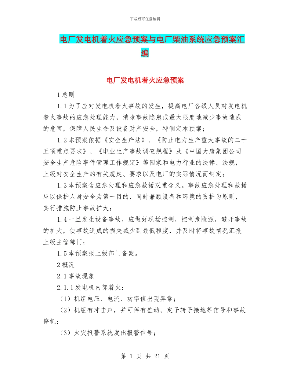 电厂发电机着火应急预案与电厂柴油系统应急预案汇编_第1页