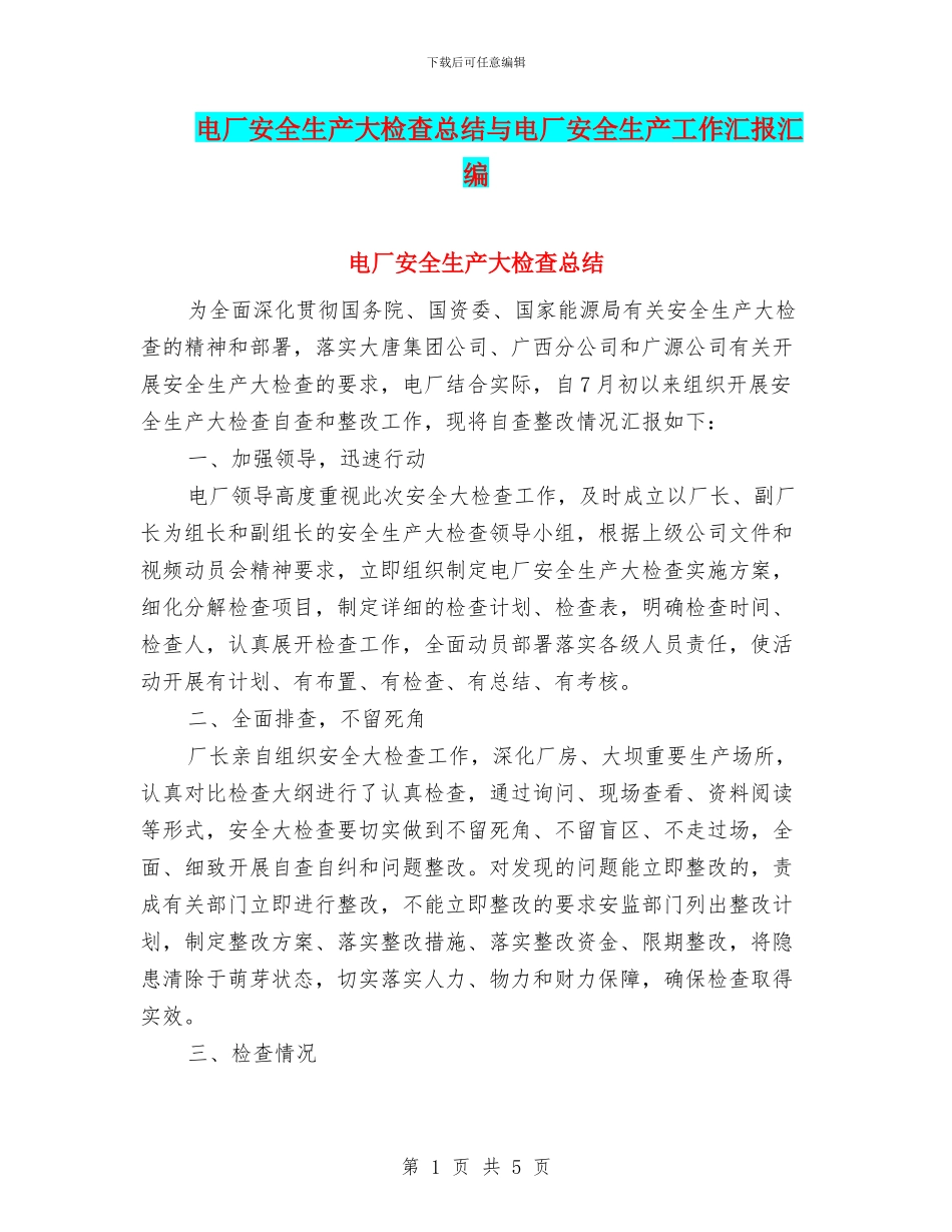 电厂安全生产大检查总结与电厂安全生产工作汇报汇编_第1页