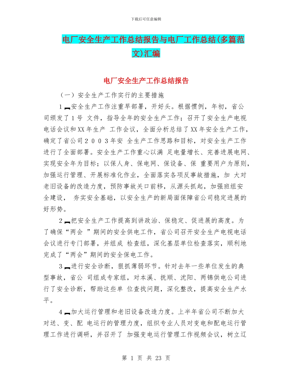 电厂安全生产工作总结报告与电厂工作总结汇编_第1页
