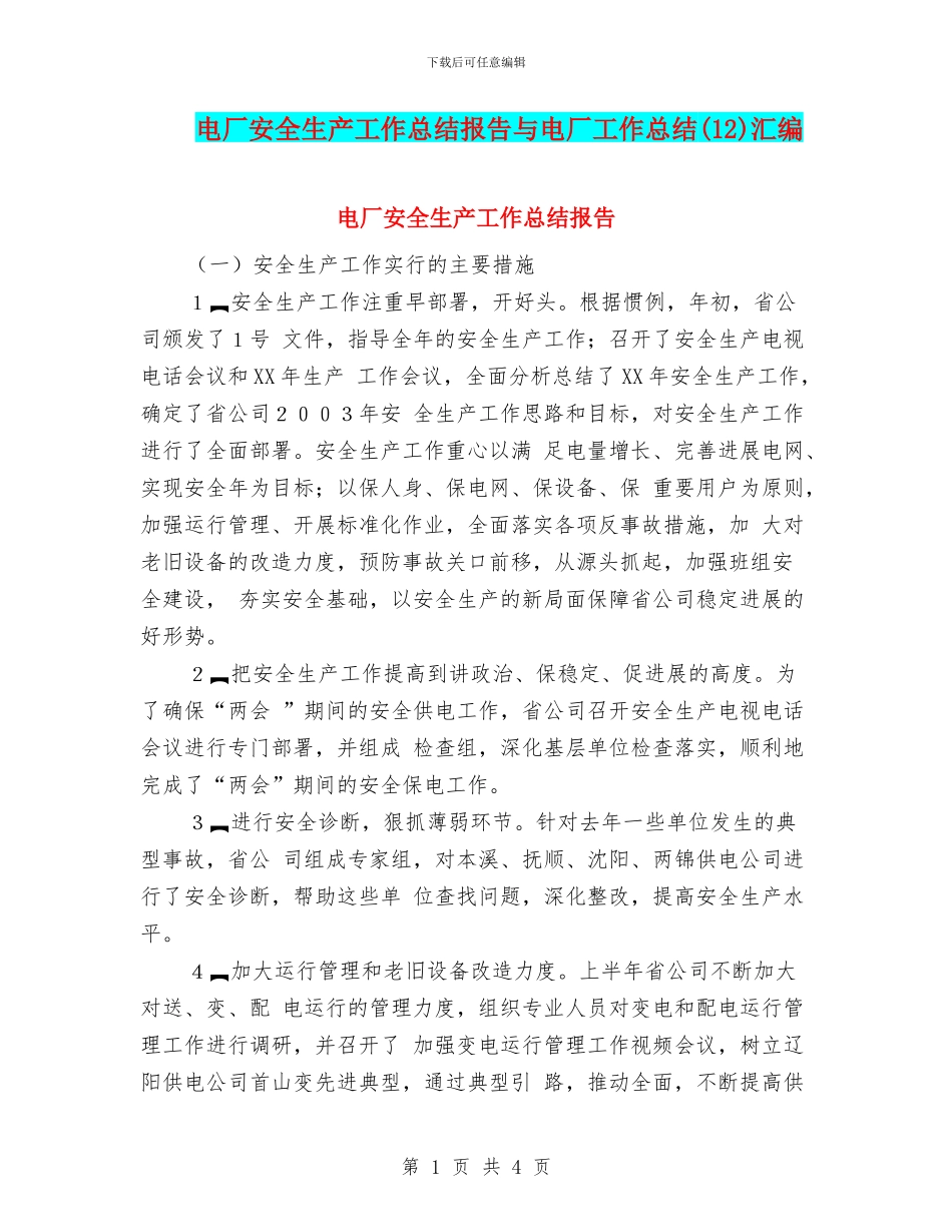 电厂安全生产工作总结报告与电厂工作总结汇编.doc_第1页