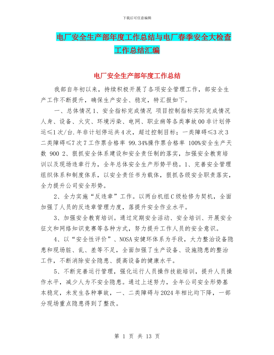 电厂安全生产部年度工作总结与电厂春季安全大检查工作总结汇编_第1页