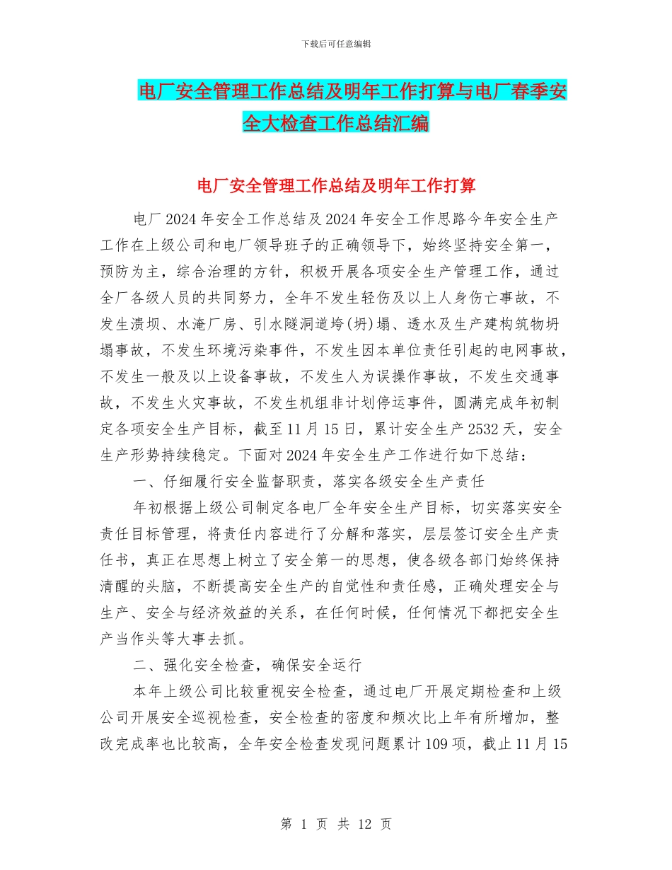电厂安全管理工作总结及明年工作打算与电厂春季安全大检查工作总结汇编_第1页