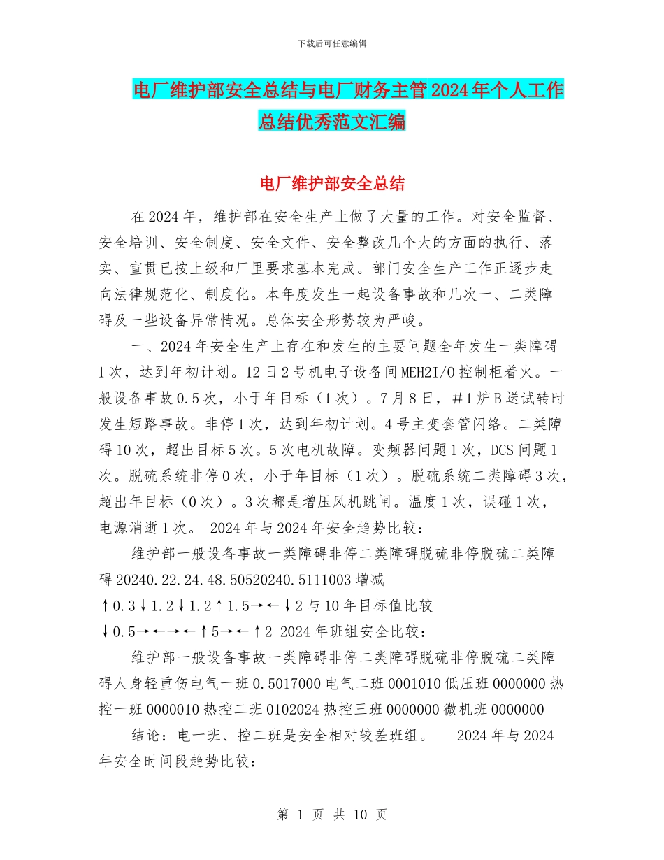电厂维护部安全总结与电厂财务主管2024年个人工作总结优秀范文汇编_第1页