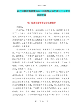 电厂经理在新春茶话会上的致辞与电厂统计个人工作总结汇编
