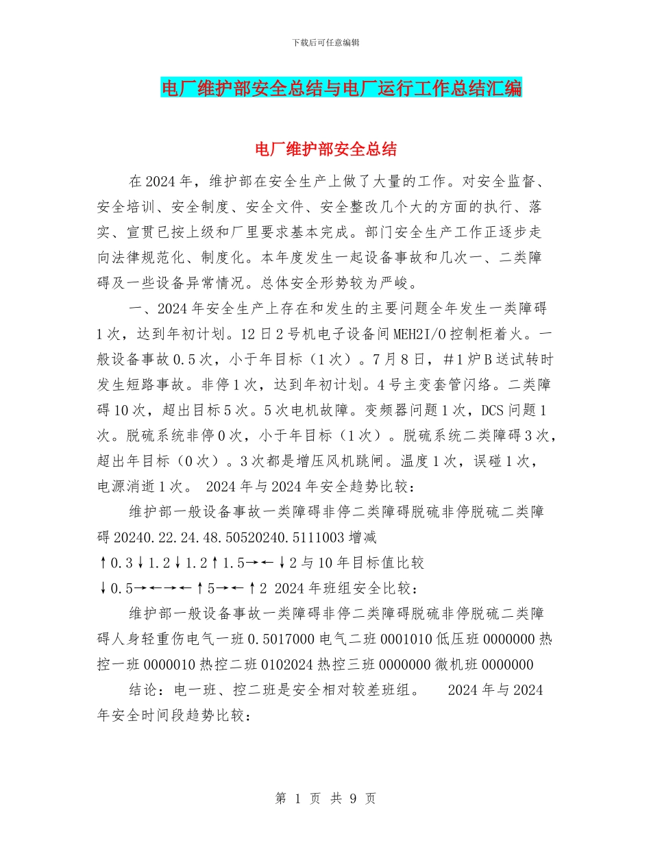 电厂维护部安全总结与电厂运行工作总结汇编_第1页