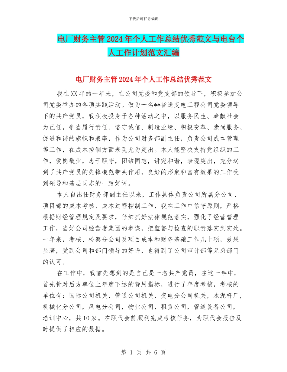 电厂财务主管2024年个人工作总结优秀范文与电台个人工作计划范文汇编_第1页