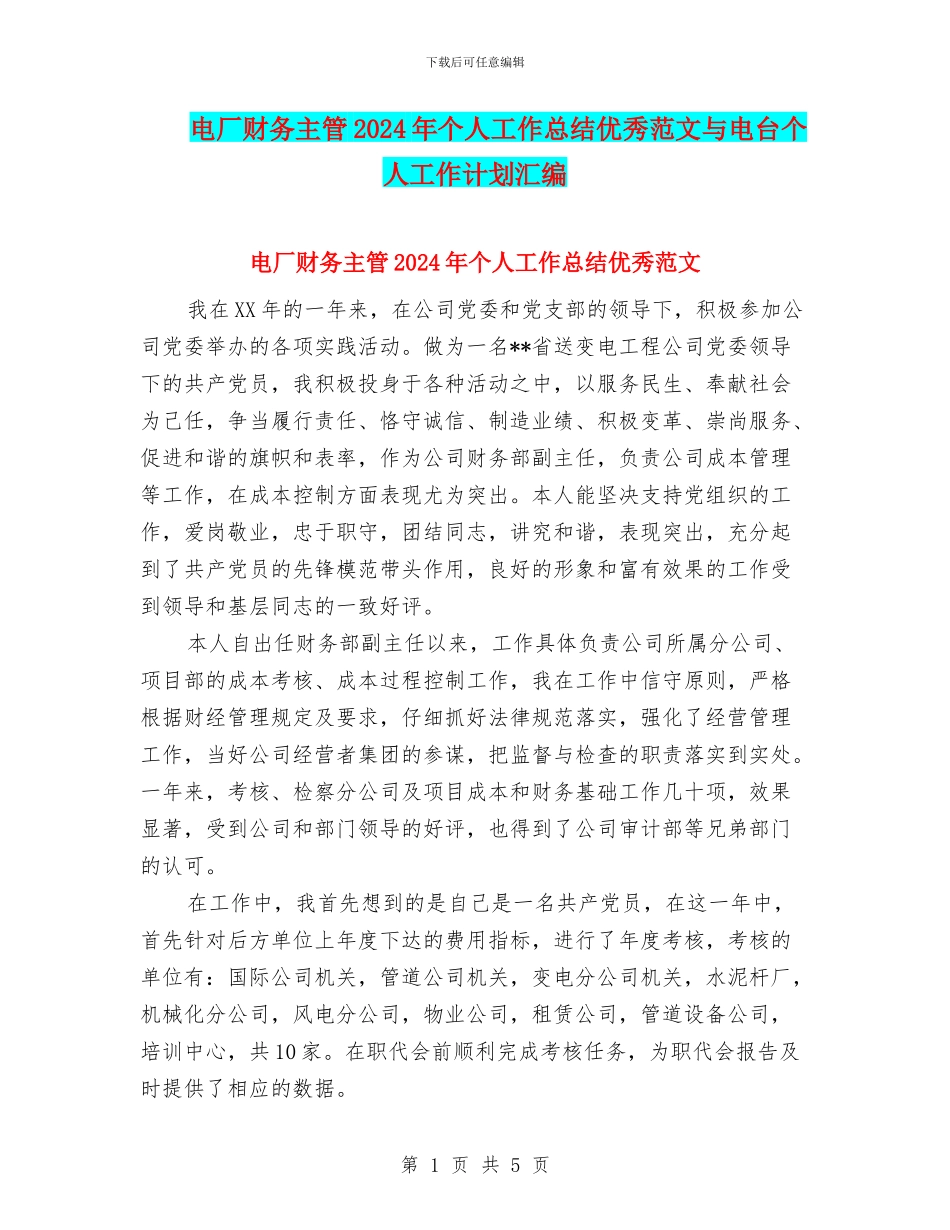 电厂财务主管2024年个人工作总结优秀范文与电台个人工作计划汇编_第1页