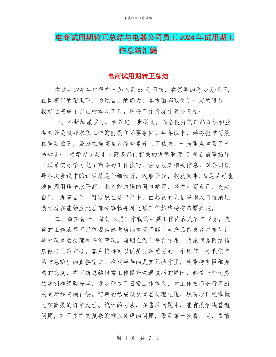 电商试用期转正总结与电器公司员工2024年试用期工作总结汇编_第1页
