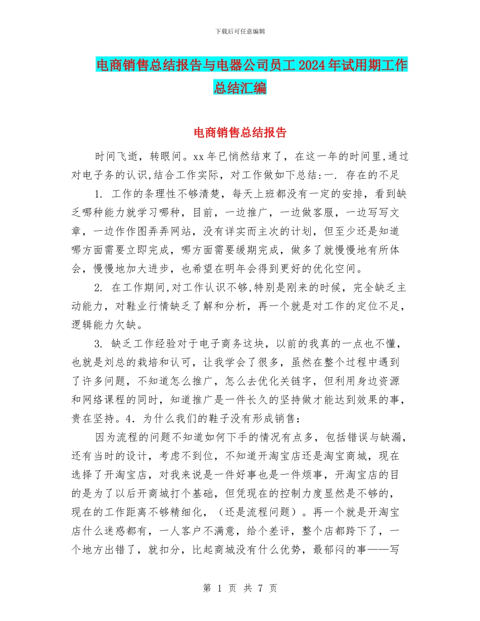 电商销售总结报告与电器公司员工2024年试用期工作总结汇编_第1页