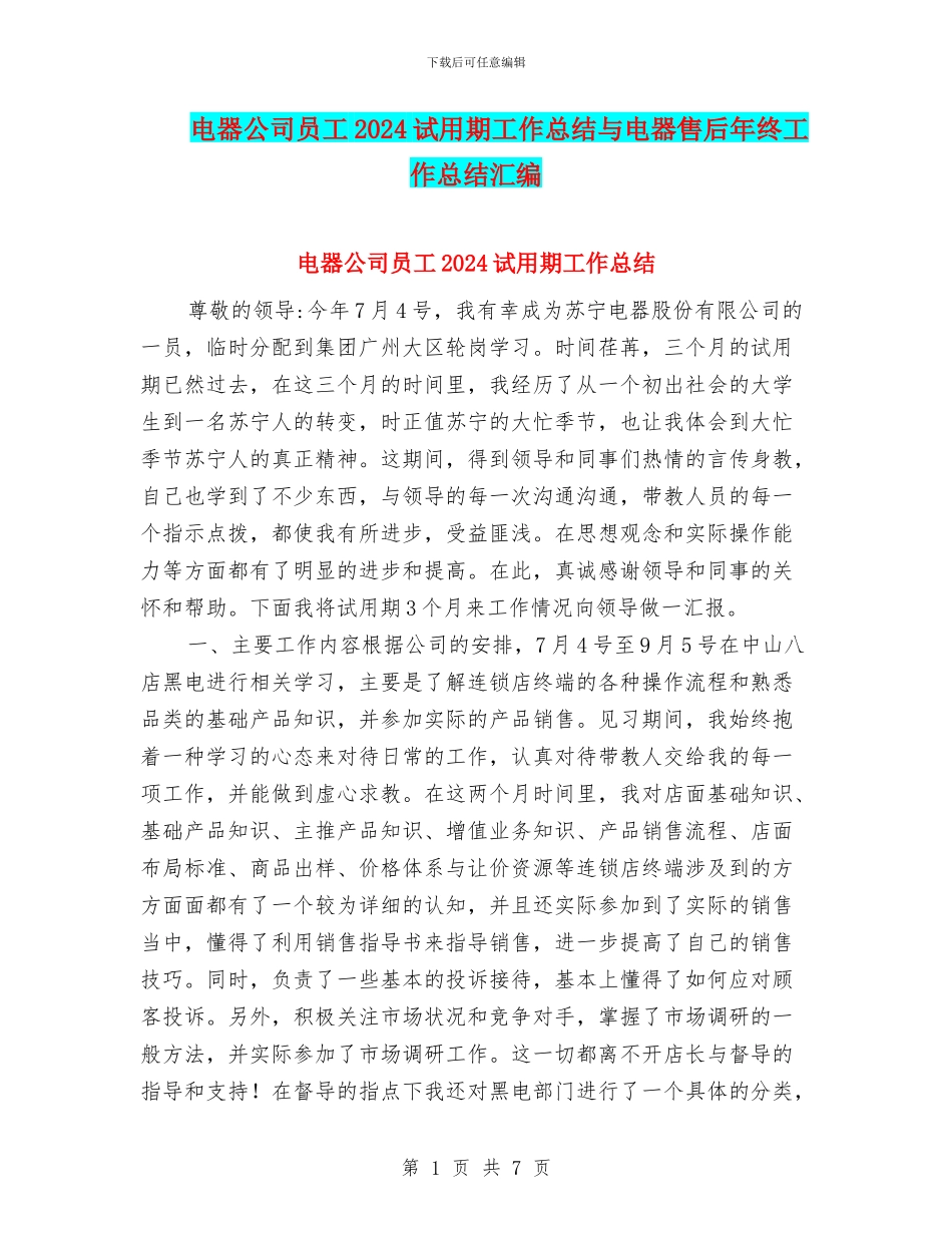 电器公司员工2024试用期工作总结与电器售后年终工作总结汇编_第1页