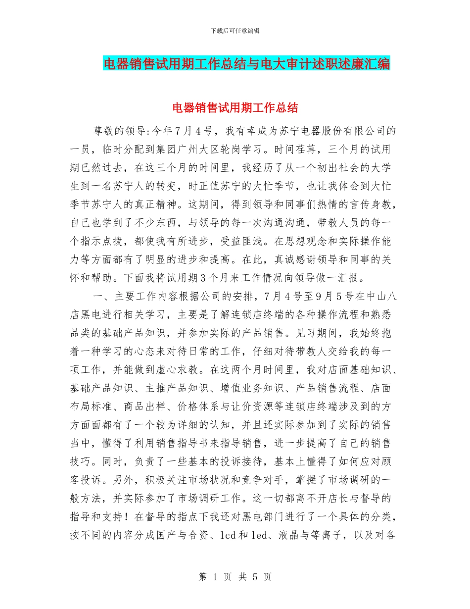 电器销售试用期工作总结与电大审计述职述廉汇编_第1页