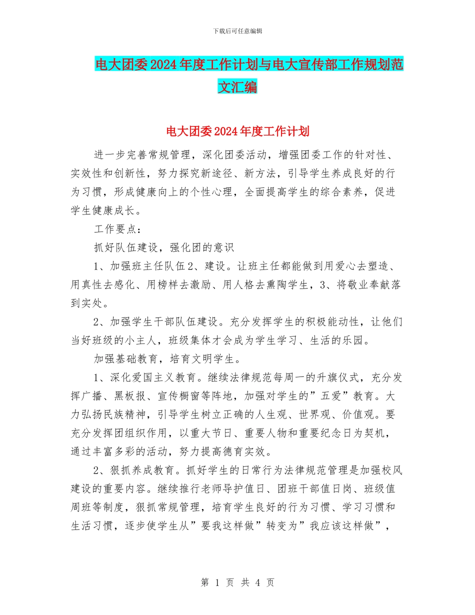 电大团委2024年度工作计划与电大宣传部工作规划范文汇编_第1页