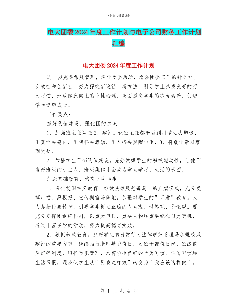 电大团委2024年度工作计划与电子公司财务工作计划汇编_第1页