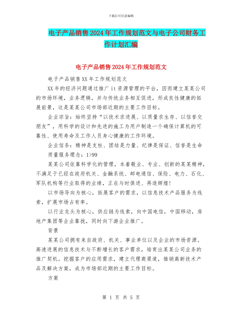 电子产品销售2024年工作规划范文与电子公司财务工作计划汇编_第1页