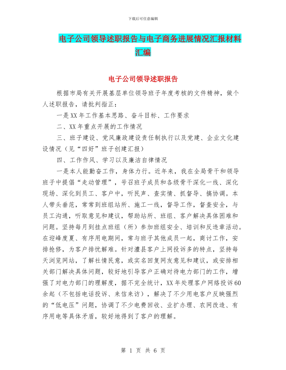 电子公司领导述职报告与电子商务发展情况汇报材料汇编_第1页