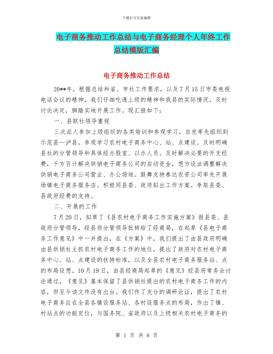 电子商务推进工作总结与电子商务经理个人年终工作总结模版汇编_第1页
