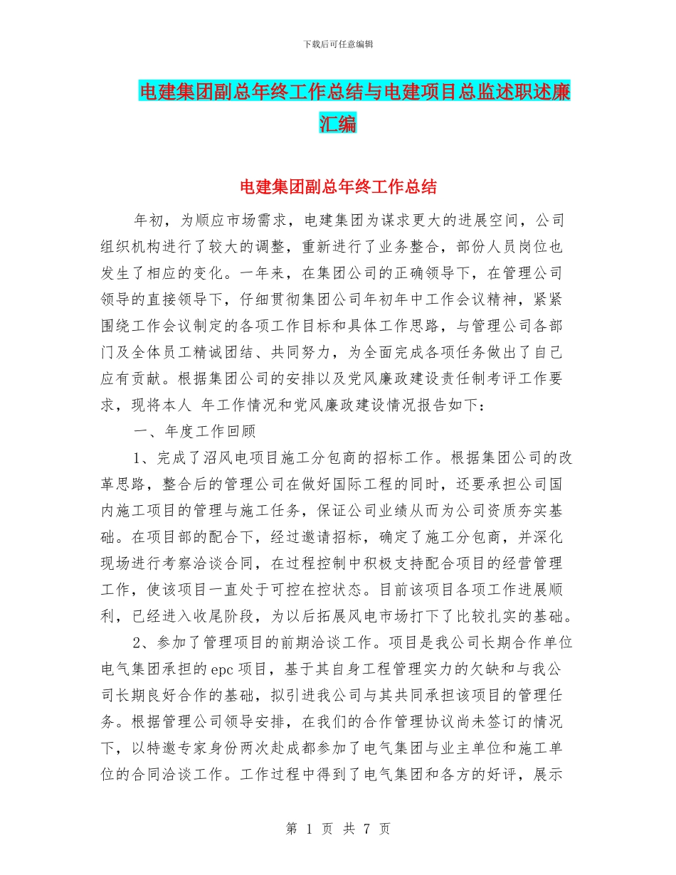 电建集团副总年终工作总结与电建项目总监述职述廉汇编_第1页