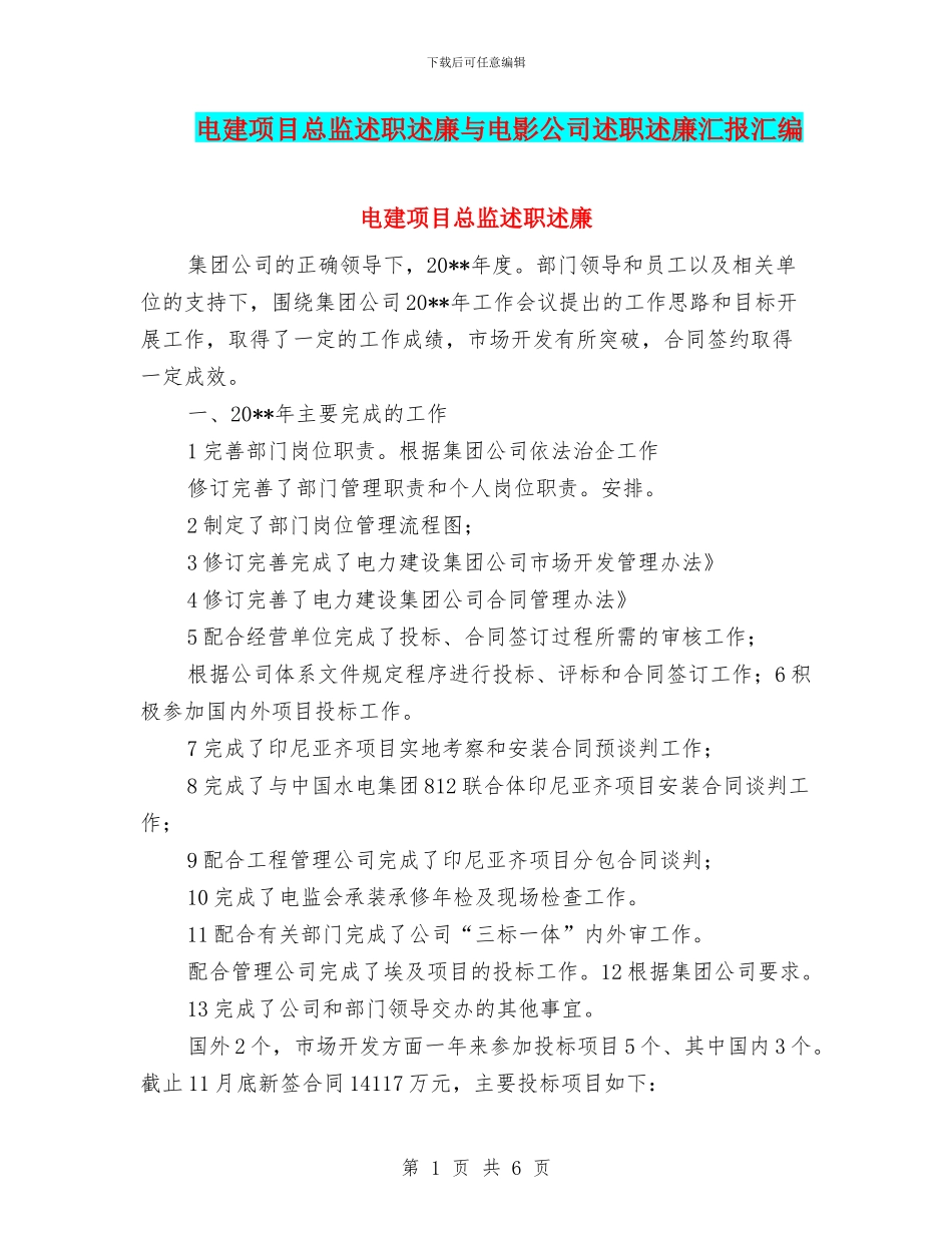 电建项目总监述职述廉与电影公司述职述廉汇报汇编_第1页
