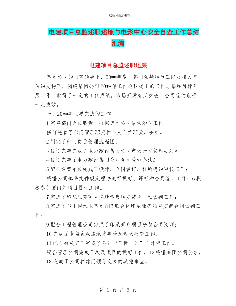 电建项目总监述职述廉与电影中心安全自查工作总结汇编_第1页